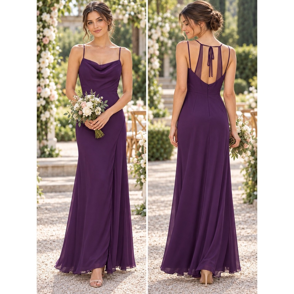 Azazie Grape Purple Bridesmaid Dress Size 6 Cowl Neck Strappy Back Elegant
